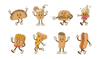 Set of retro cartoon fast food and drink characters vector illustration. Vintage pizza, hot dog, burger, taco, smoothie, gyros mascot on white background.