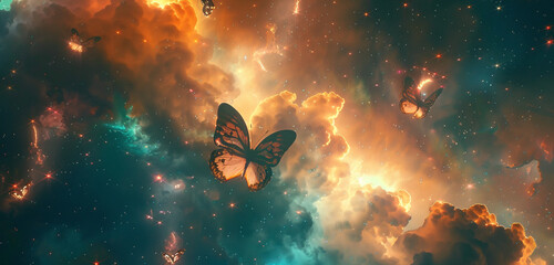 Holographic butterflies in a cosmic landscape of teal and peach. - obrazy, fototapety, plakaty