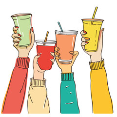 Stretched flexible long hands holdarious drinks. 