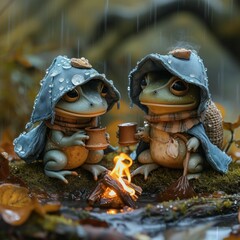 Frog in the forest alone and with his partner taking shelter during the rainy season in the tropical forest lighting a campfire, feeling the calm in the middle of the forest. Generative ai