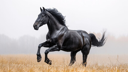 Galloping shiny black Andalusian stallion isolated on white background.	
