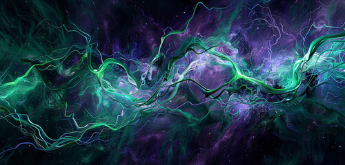 Luminescent tendrils dance in an intricate pattern, intertwining in a cosmic ballet of emerald green and celestial purple. - obrazy, fototapety, plakaty