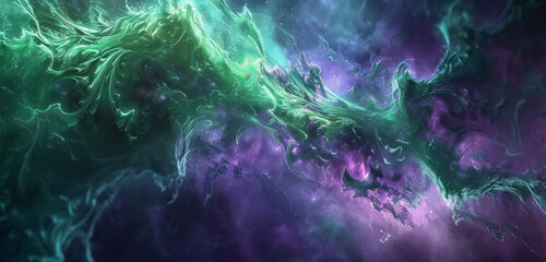 Luminescent tendrils dance in an intricate pattern, against a backdrop of emerald green and celestial purple.