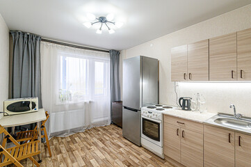 interior kitchen and dining room, refectory area, cooking equipment, table furniture, stove