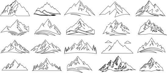 Mountain sketches collection, detailed outline, various shapes, sizes, perfect for outdoor, adventure logos, travel designs, achievement, exploration themes © Arafat
