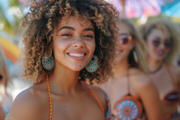 Joyful beach vacation with beautiful and cheerful friends, laughing and enjoying summer together by the ocean.