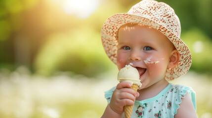 Sweet little one relishing a delicious ice cream cone amidst the summer sun