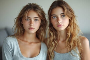 Attractive friends, two young women, support each other, expressing care and tenderness in a closeup portrait.