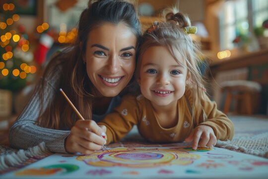 A smiling mother and adorable toddler girl enjoying creative time together, drawing and learning at home.