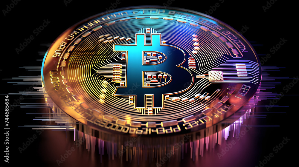 Poster a bitcoin coin on a black background with colorful colors surrounding it