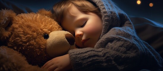 Child snuggling teddy bear at night.