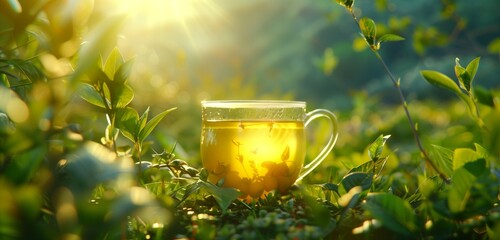 A transparent cup holding a radiant yellow drink, set amidst a lush green landscape, under the midday sun. - obrazy, fototapety, plakaty