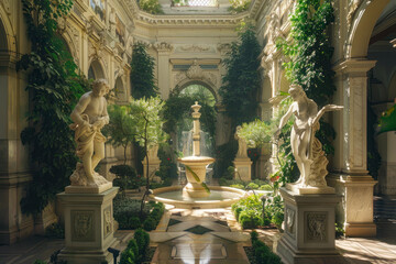 Majestic Renaissance palace courtyard adorned with marble statues, bubbling fountains.