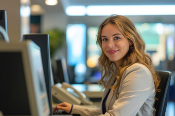Calm and Competent Bank Staff Member Managing Transactions in Urban Bank