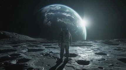 Astronaut Standing On The Moon Surface With Earth Rising In Background. Human Space Flight, Space Exploration, Human Achievement, and Science Fiction. AI Generated