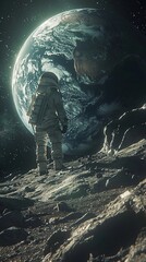 Astronaut Standing On The Moon Surface With Earth Rising In Background. Human Space Flight, Space Exploration, Human Achievement, Science Fiction. Vertical Banner. AI Generated - obrazy, fototapety, plakaty