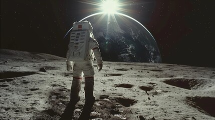 Astronaut Standing On The Moon Surface With Earth Rising In Background. Human Space Flight, Space Exploration, Human Achievement, and Science Fiction. AI Generated - obrazy, fototapety, plakaty