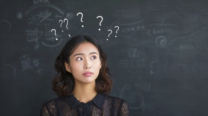 Pensive young woman with question marks on chalkboard, conceptual educational image