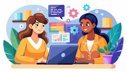 Fototapeta premium two women coding, showcasing their skills in programming languages like Python, JavaScript, and Java.
