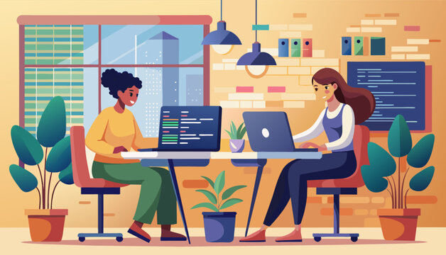 two women coding, showcasing their skills in programming languages like Python, JavaScript, and Java.