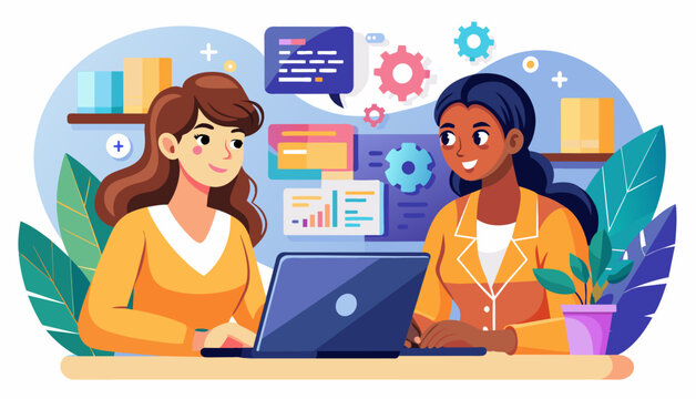 two women coding, showcasing their skills in programming languages like Python, JavaScript, and Java.