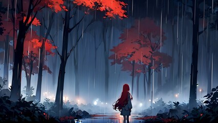 Anime girl against a background of trees with red leaves in the fog, anime background