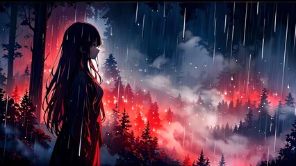Anime girl against a background of forest, fog, red glow, rain