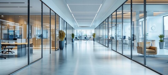 Modern office corridor interior. Generative AI technology.