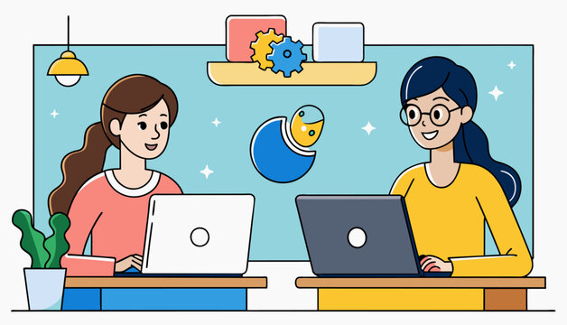 two women coding, showcasing their skills in programming languages like Python, JavaScript, and Java.