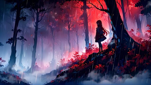 Anime girl against a forest background, fog, red glow, digital art