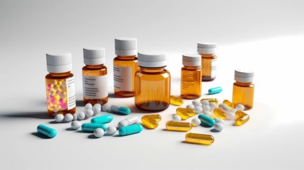 Medicine bottles and pills on white background, Generative AI illustrations.