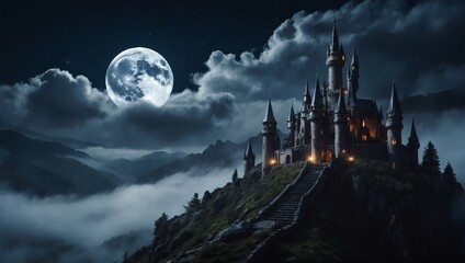 Dark fantasy castle atop a misty mountain with swirling clouds and a full moon. Ideal for fantasy book covers.  - obrazy, fototapety, plakaty
