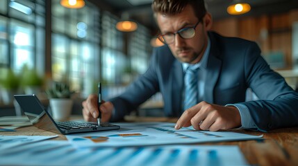 A business executive analyzing a financial report during a board meeting. AI generate illustration
