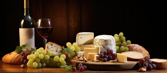 A picture of a wine and cheese tasting, featuring bread, grapes, wine accessories, and space for text.