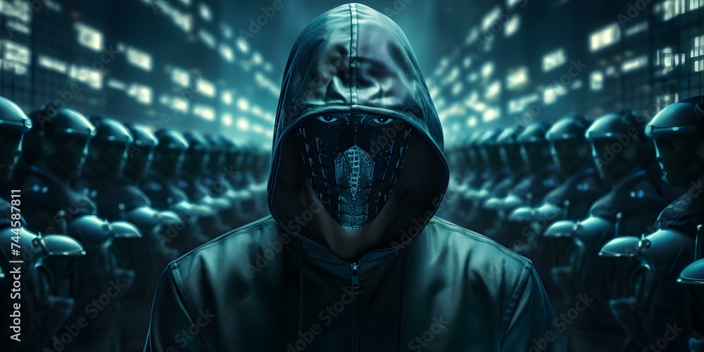 Poster digital protection hacker in mask overlaid with cyber security interface theme. concept cybersecurit