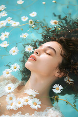 Girl lying with her eyes closed surrounded by daisies
