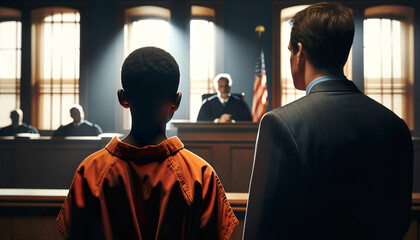 Young boy standing with his attorney inside a juvenile court - obrazy, fototapety, plakaty