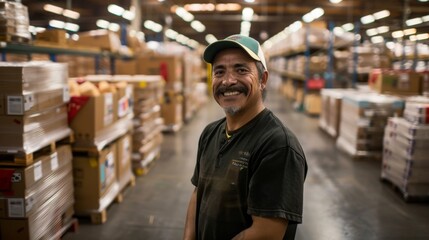 Obraz premium Warehouse Worker Smiling, Industrial Job Satisfaction - A happy warehouse worker, representing job fulfillment and industry.