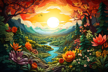 Beautiful autumn landscape with sun, lake and forest. Vector illustration.
