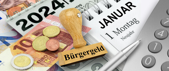 Deutscher Mindestlohn 12,41 Euro und Stempel Bürgergeld mit Rechner Kalender Datum 1. Januar 2024
