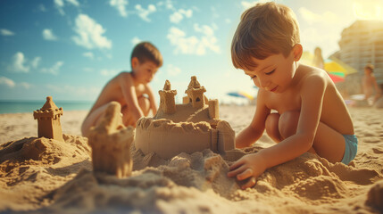 Young architects shaping dreams with each shovel and bucket, their sandy fortresses rising with the tide - obrazy, fototapety, plakaty