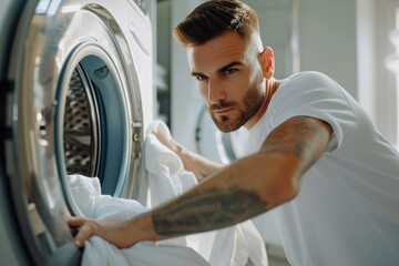 Sleek Style and Spotless Skin: Model Man Prepping Laundry - Powered by Adobe