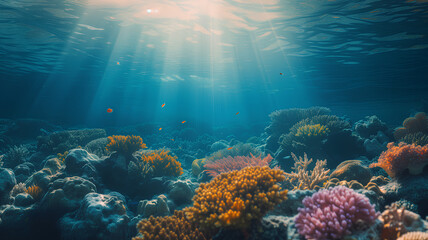 Underwater Coral Reef in Sunlit Ocean Depth
Sunlight filters through the ocean, illuminating the intricate details of a vibrant underwater coral reef ecosystem.
