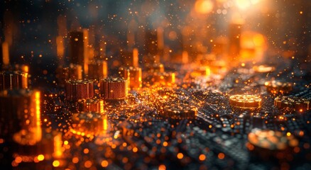 A dazzling metropolis glows with fiery amber lights, as skyscrapers tower over the cityscape, reflecting the heat of the bustling night and its countless coins of wealth - obrazy, fototapety, plakaty