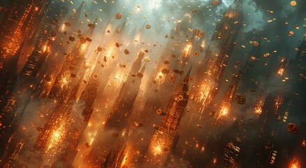 Amber light cascades over a city ablaze with fireworks, as gold coins rain down upon its towering buildings