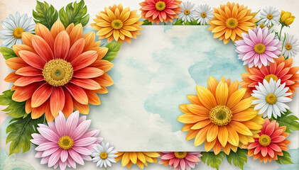 A frame of colorful flowers and leaves on a pastel watercolor background. Floral frame illustration. Floral banner, background, card with copy space.