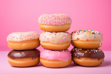 delicious pink donuts on a pastel pink background