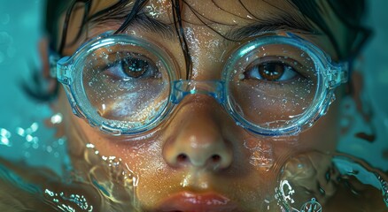 Capturing the fluid beauty of a swimmer's submerged world, this close up reveals the determination and focus in their human face behind the goggles