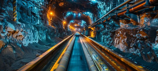 Underground mine railway track for material transport. Mining industry concept. Generative AI technology. - obrazy, fototapety, plakaty