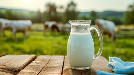 Simplicity in Nature: Milk Jug, Cows, Wooden Table